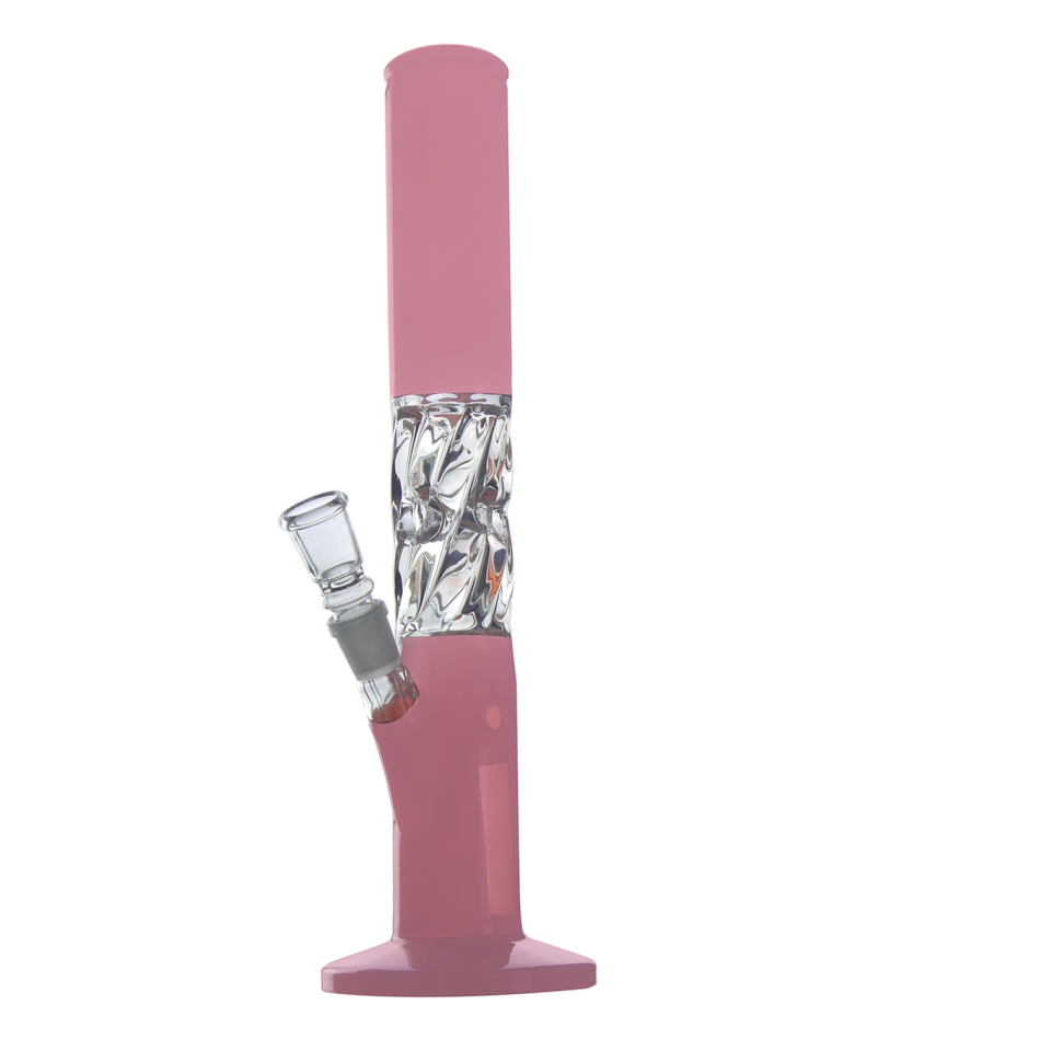 Glasbong rosa farbe mit gedrehtem rohr und eis 38cm 18,8mm Schliff 50mm rohr