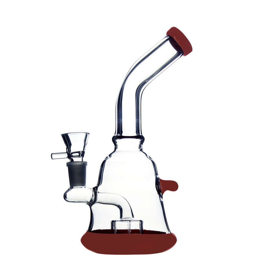 Glasbong gebogen H:22cm mit perkolator basis + mundstück farbe rot 14,5mm schliff